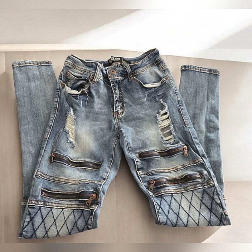 Women's Red Splash Distressed Biker Thigh Zipper Jeans